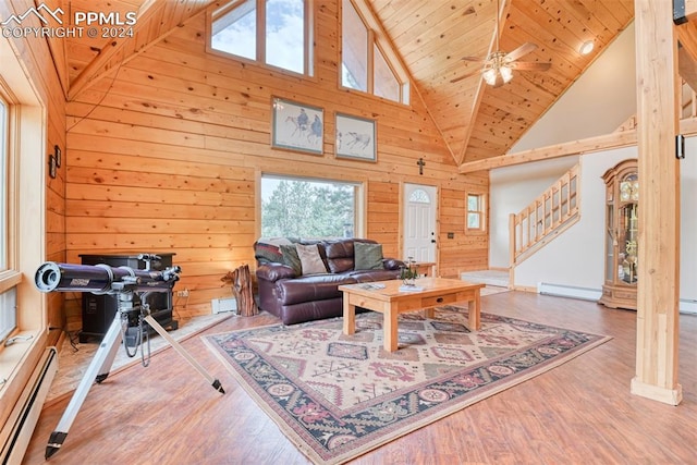 living room with wooden ceiling, light hardwood / wood-style flooring, high vaulted ceiling, and ceiling fan