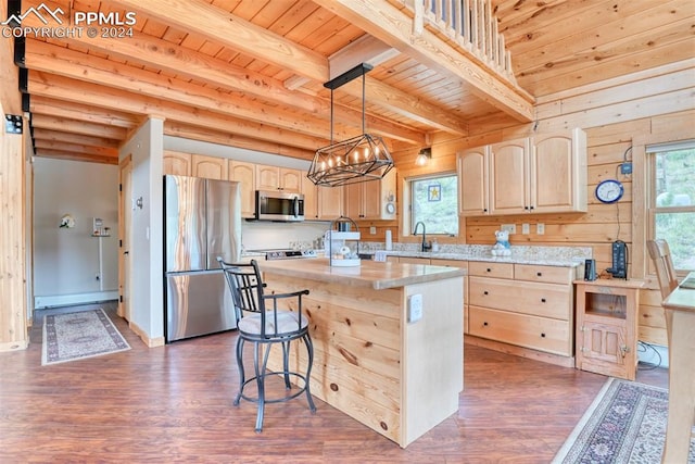 kitchen featuring hanging light fixtures, stainless steel appliances, dark hardwood / wood-style floors, wood ceiling, and light brown cabinetry