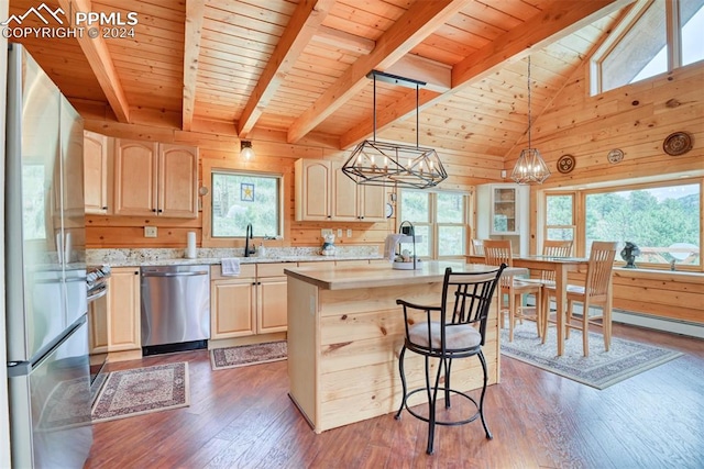 kitchen with a healthy amount of sunlight, stainless steel appliances, and hanging light fixtures