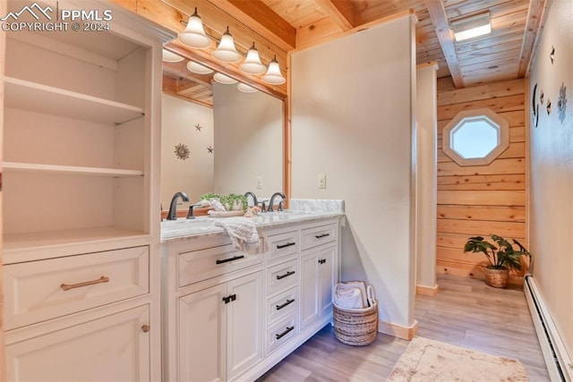 bathroom with wooden walls, baseboard heating, wood-type flooring, and wooden ceiling