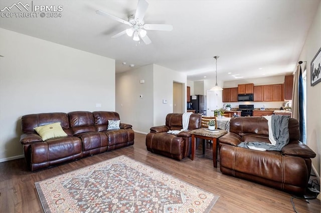 living room with wood-type flooring and ceiling fan