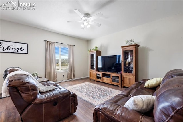 living room featuring hardwood / wood-style floors and ceiling fan