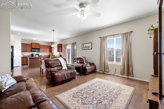 living room featuring light hardwood / wood-style flooring and ceiling fan