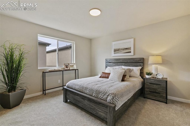 bedroom featuring light colored carpet