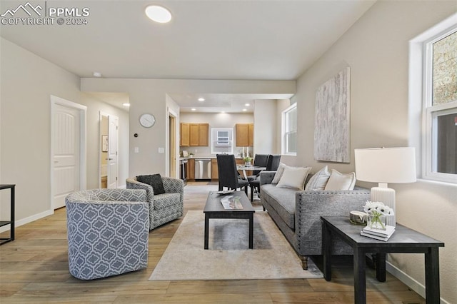 living room with light hardwood / wood-style flooring