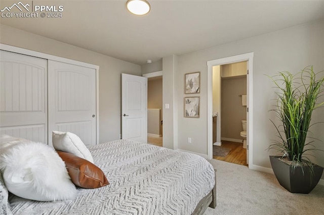 carpeted bedroom with ensuite bath and a closet