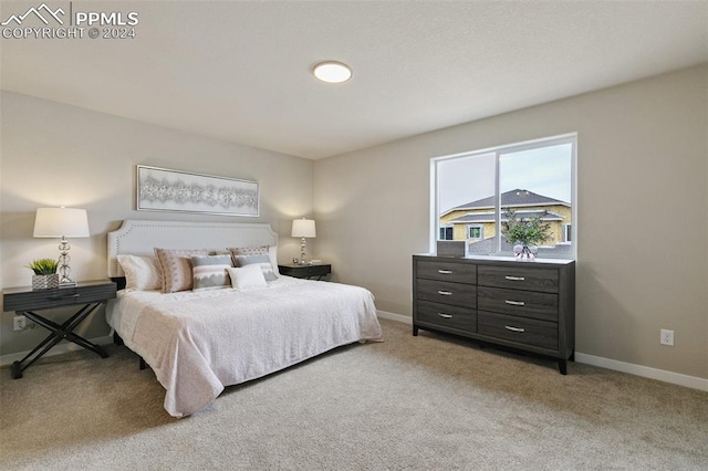 bedroom featuring light colored carpet