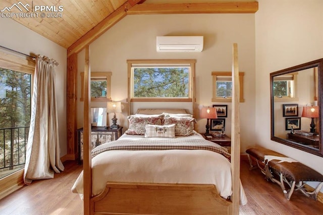 bedroom with beamed ceiling, an AC wall unit, light hardwood / wood-style floors, access to outside, and wood ceiling