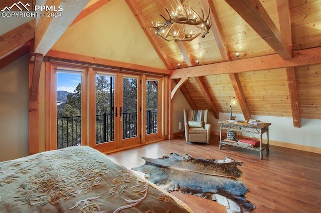 bedroom featuring lofted ceiling with beams, light hardwood / wood-style flooring, wood ceiling, and access to outside