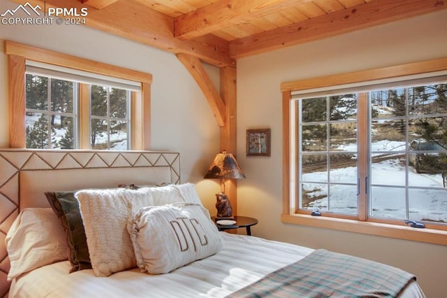 bedroom with beamed ceiling and wood ceiling