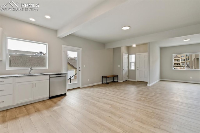 kitchen with a healthy amount of sunlight, sink, white cabinets, and stainless steel dishwasher