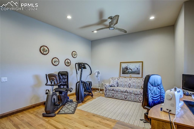 exercise room featuring ceiling fan and light wood-type flooring