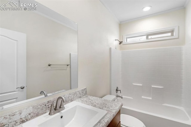 full bathroom with shower / bath combination, oversized vanity, toilet, and ornamental molding