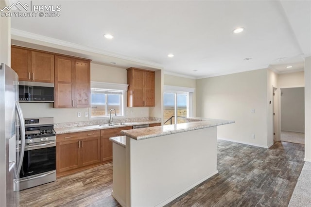 kitchen with a kitchen island, light stone countertops, appliances with stainless steel finishes, dark hardwood / wood-style flooring, and sink