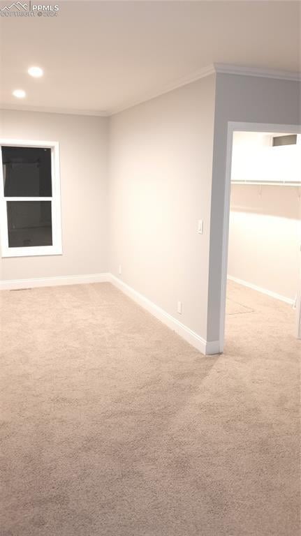 spare room featuring ornamental molding and light carpet