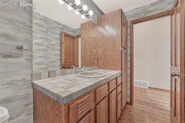 bathroom with vanity, toilet, and hardwood / wood-style flooring