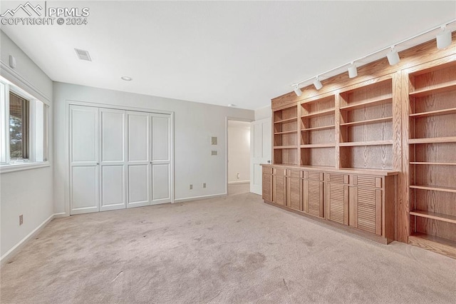 interior space featuring rail lighting and light carpet