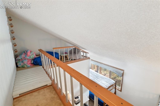 interior space with light colored carpet and a textured ceiling