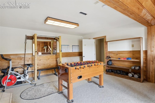 game room featuring light colored carpet