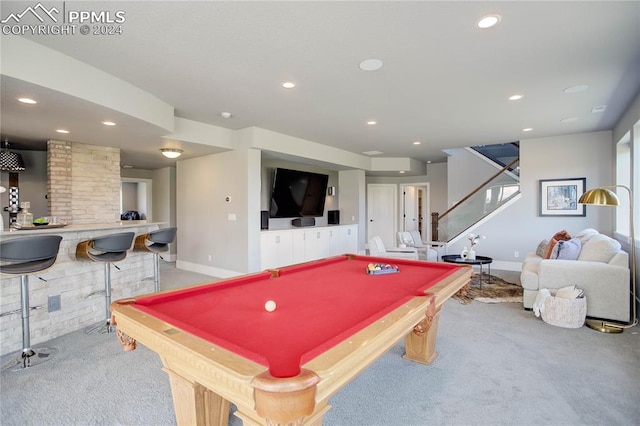 playroom with billiards and light colored carpet