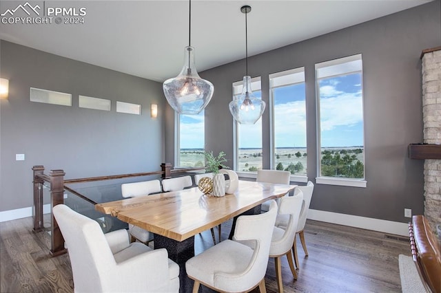 dining area with a stone fireplace and dark hardwood / wood-style flooring