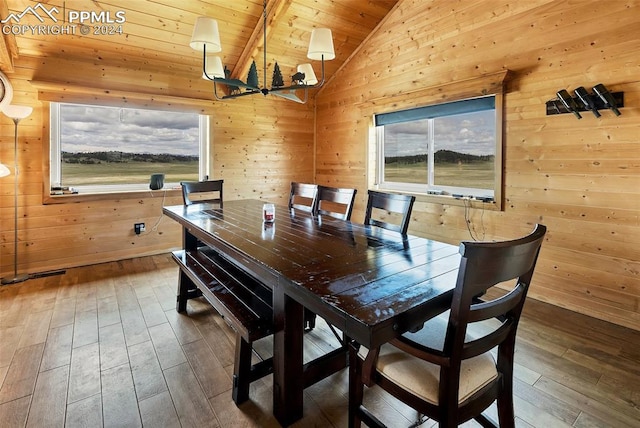 dining area featuring wood-type flooring, lofted ceiling, wooden ceiling, and wooden walls