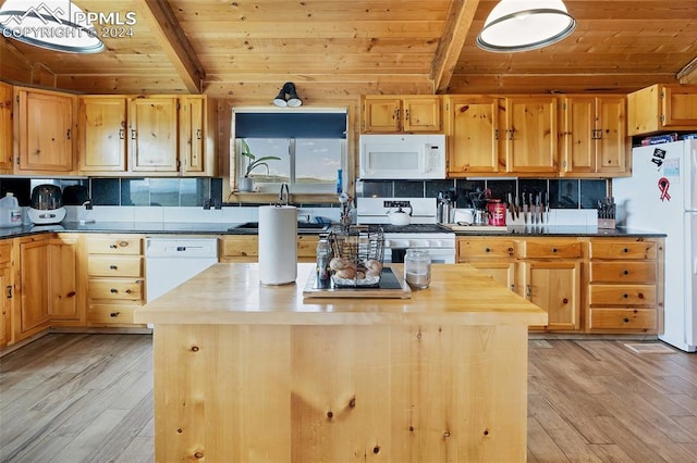 kitchen with beamed ceiling, butcher block countertops, white appliances, wooden ceiling, and light hardwood / wood-style flooring