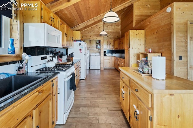 kitchen with white appliances, light hardwood / wood-style floors, lofted ceiling with beams, wooden ceiling, and wood counters