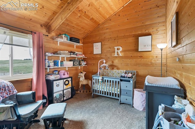 bedroom featuring light carpet, wooden ceiling, and a nursery area