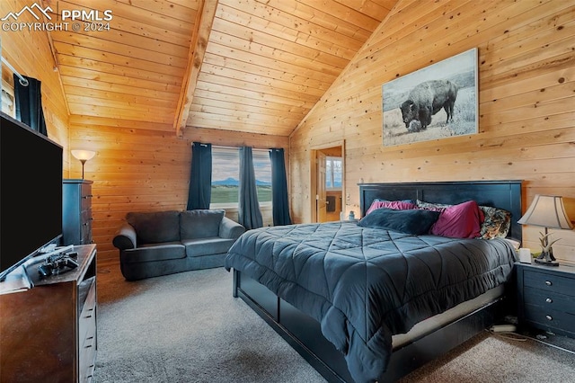 carpeted bedroom featuring beamed ceiling, wooden ceiling, wood walls, and high vaulted ceiling