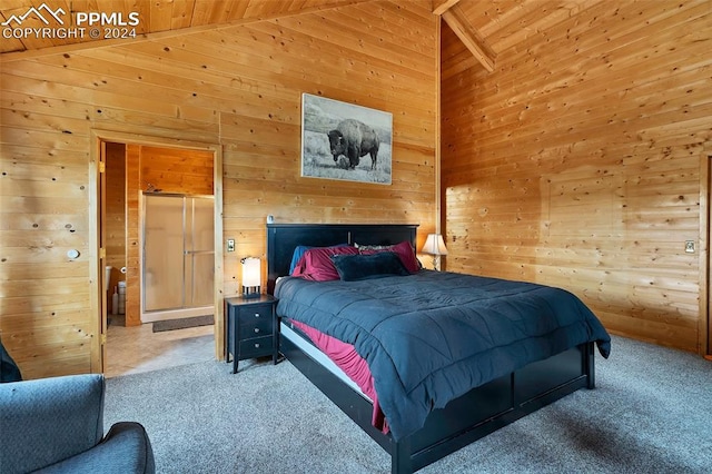 bedroom featuring wooden ceiling, wood walls, beam ceiling, and light carpet