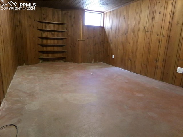 basement featuring wood walls and wooden ceiling