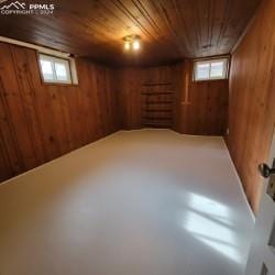 basement with wood ceiling and wood walls