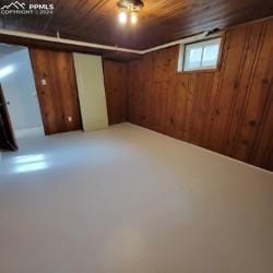 basement featuring wooden walls and wooden ceiling