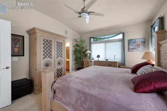 4529 Songglen Cir, Colorado Springs, CO 80906 - bedroom featuring ensuite bath, light colored carpet, ceiling fan, and lofted ceiling
