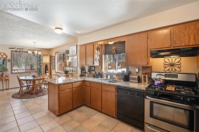 kitchen featuring sink, kitchen peninsula, light tile floors, and black appliances