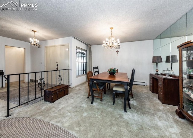 carpeted dining space with a notable chandelier, a baseboard heating unit, and a textured ceiling