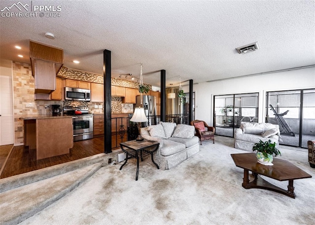 living room featuring hardwood / wood-style flooring and a textured ceiling