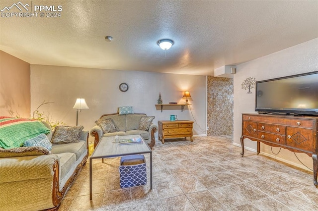 living room with a textured ceiling