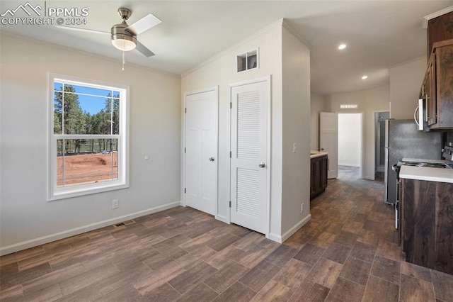 kitchen with dark hardwood / wood-style floors, dark brown cabinets, ceiling fan, and lofted ceiling