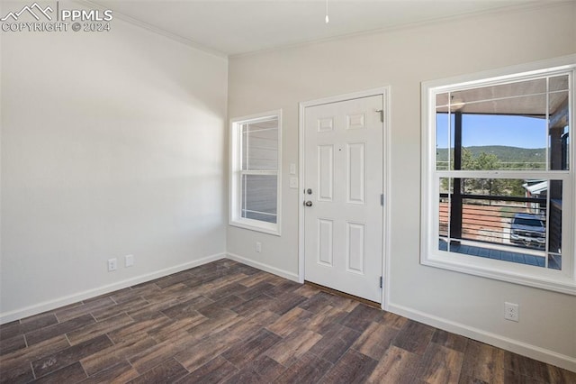 empty room featuring dark hardwood / wood-style flooring and crown molding