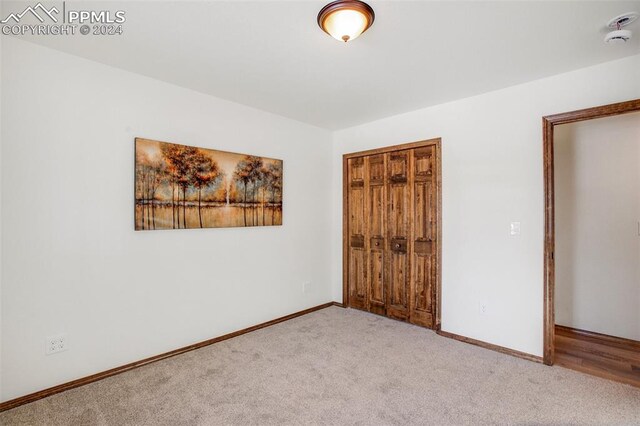 unfurnished bedroom with light colored carpet and a closet