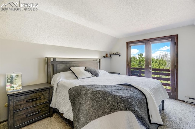 bedroom featuring access to exterior, french doors, a textured ceiling, and light colored carpet