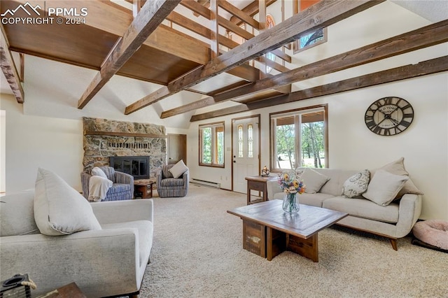 carpeted living room featuring a stone fireplace, beam ceiling, and baseboard heating