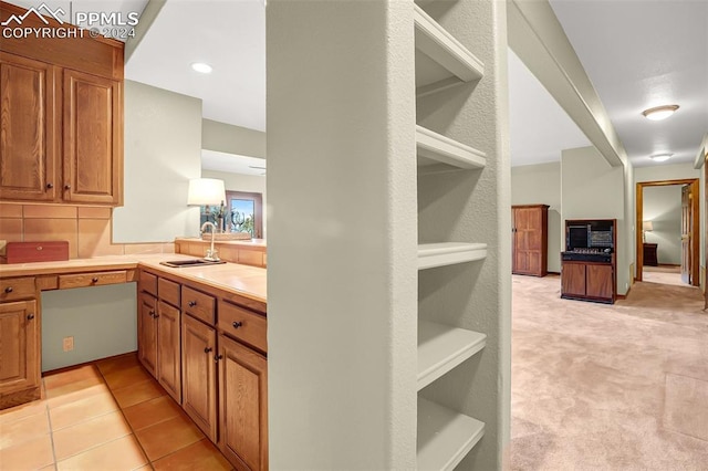 kitchen with light colored carpet and sink