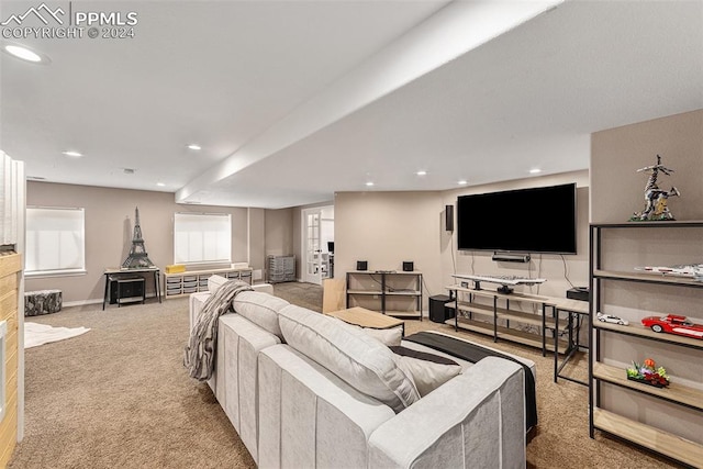 living room with light colored carpet