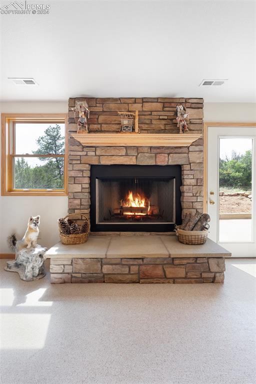 interior details with carpet floors and a stone fireplace