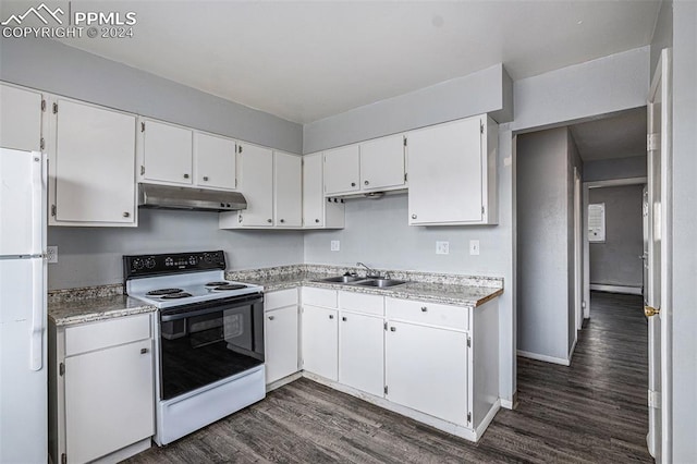 kitchen with dark hardwood / wood-style floors, sink, white cabinets, and white appliances