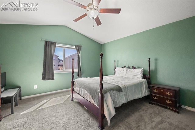 bedroom featuring carpet, ceiling fan, and lofted ceiling