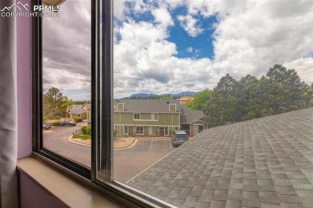 room details featuring a mountain view and carpet